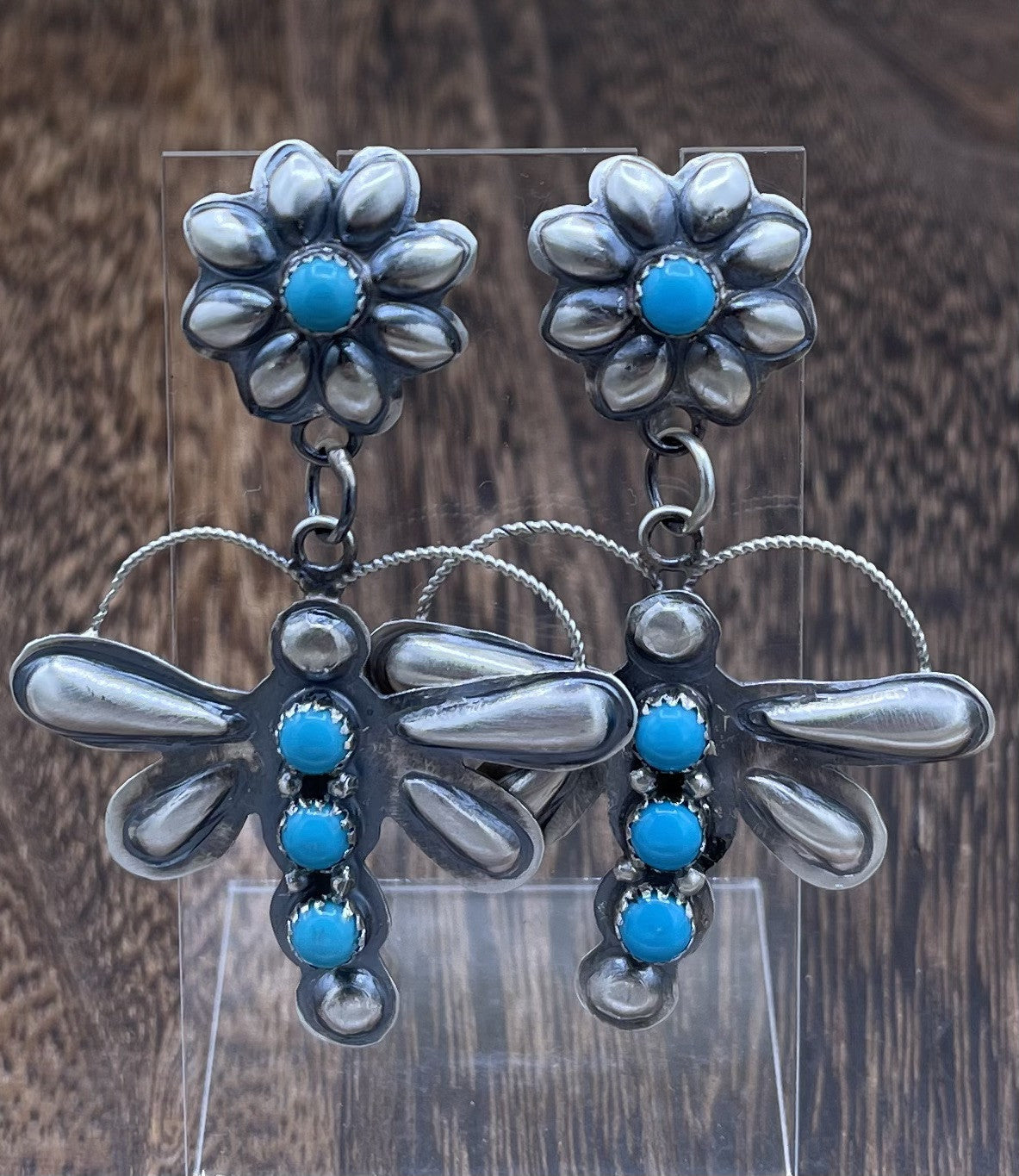 Navajo Handmade Sterling Silver Kingman Turquoise Dragonfly Post Dangle Earrings