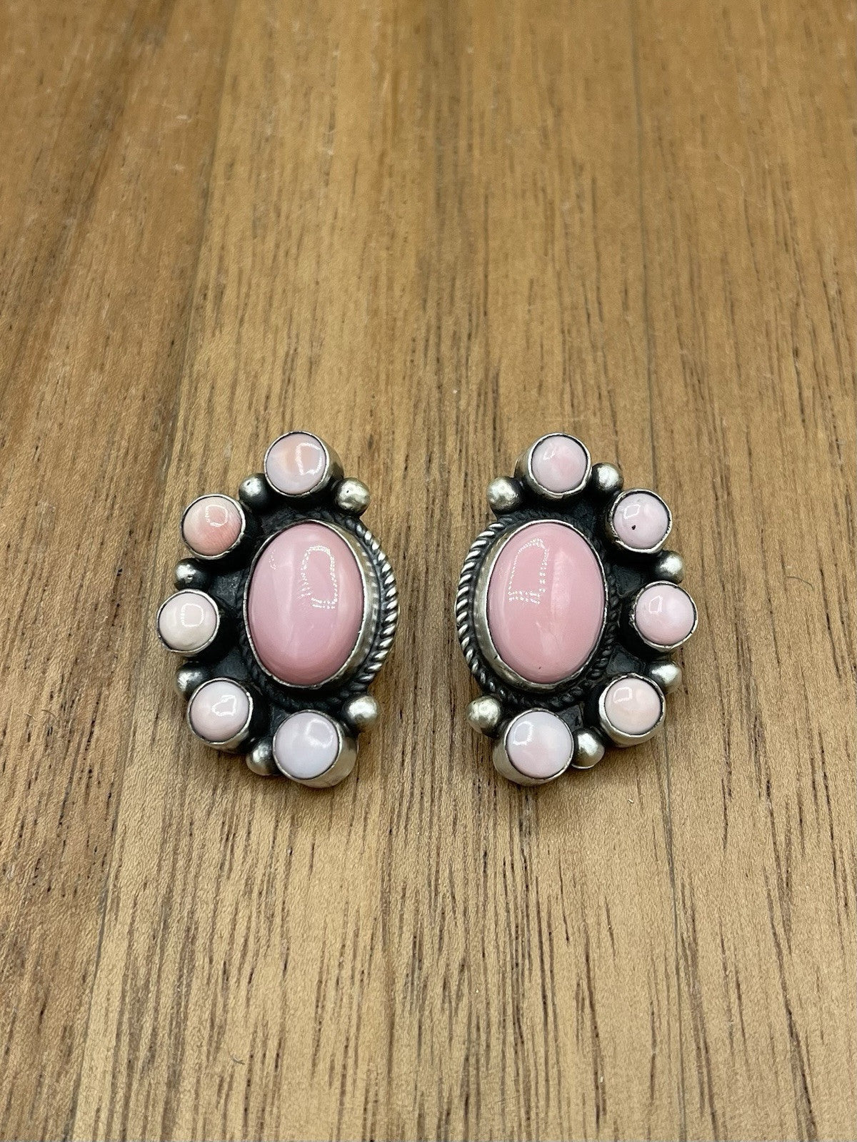 Navajo Handmade Sterling Silver Pink Conch Half Cluster Earrings By Tricia Smith