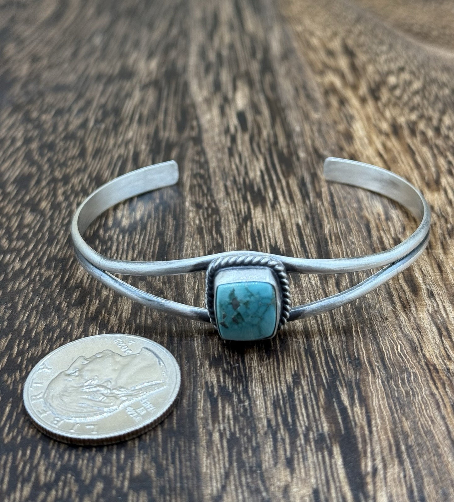 Navajo Handmade Sterling Silver Kingman Turquoise Stacker Old Look Bracelet