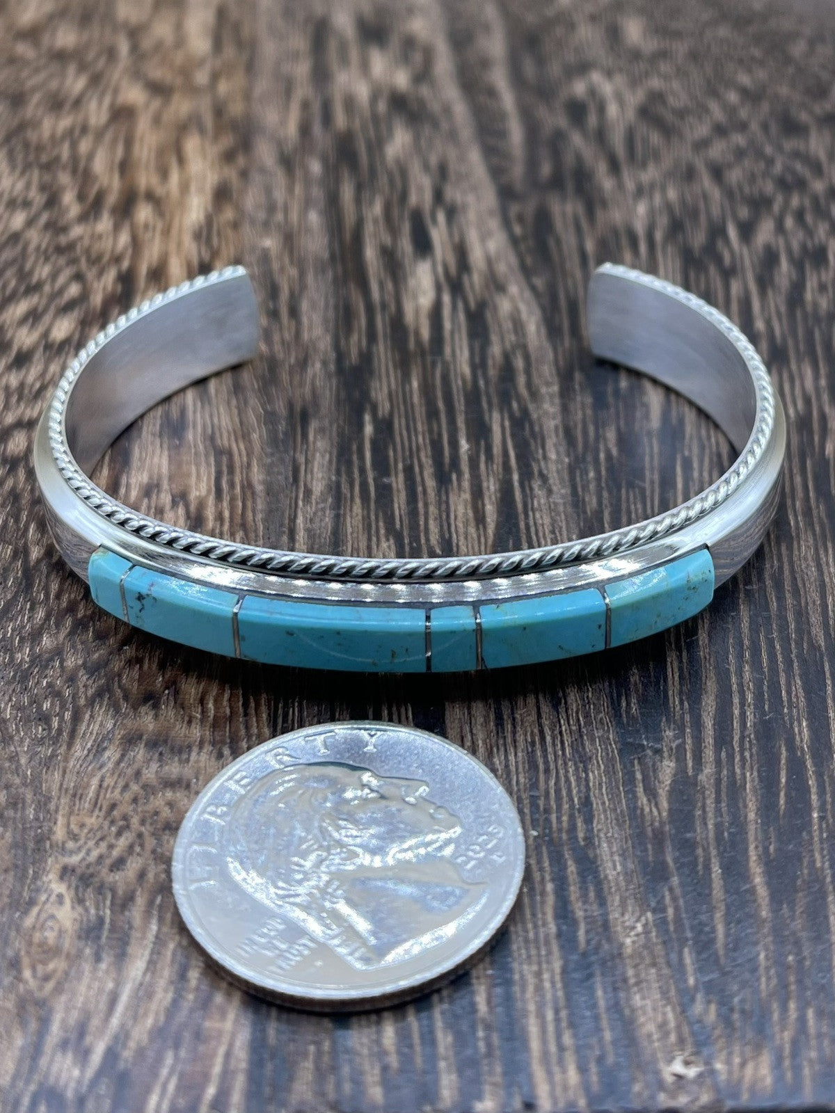 Navajo Handmade Sterling Silver Kingman Turquoise Inlay Bracelet Francis Yazzie