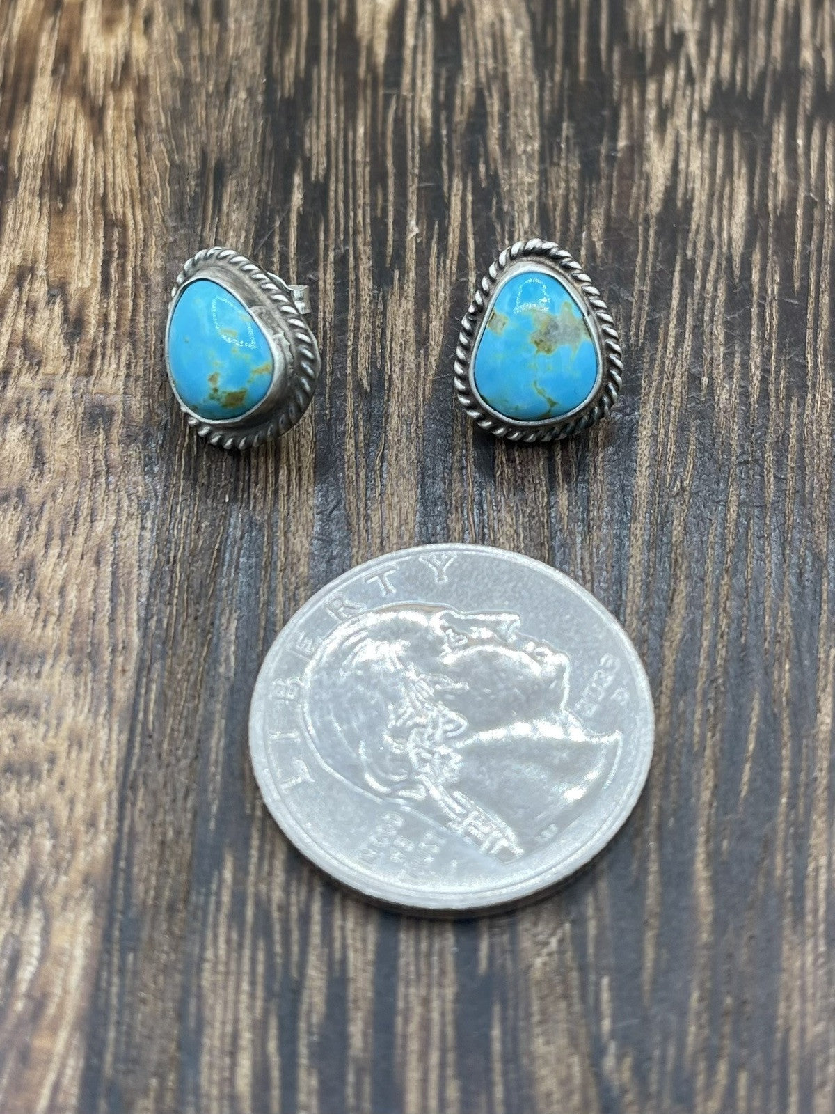 Navajo Handmade Sterling Silver Kingman Turquoise Post Stud Earrings Byron Begay