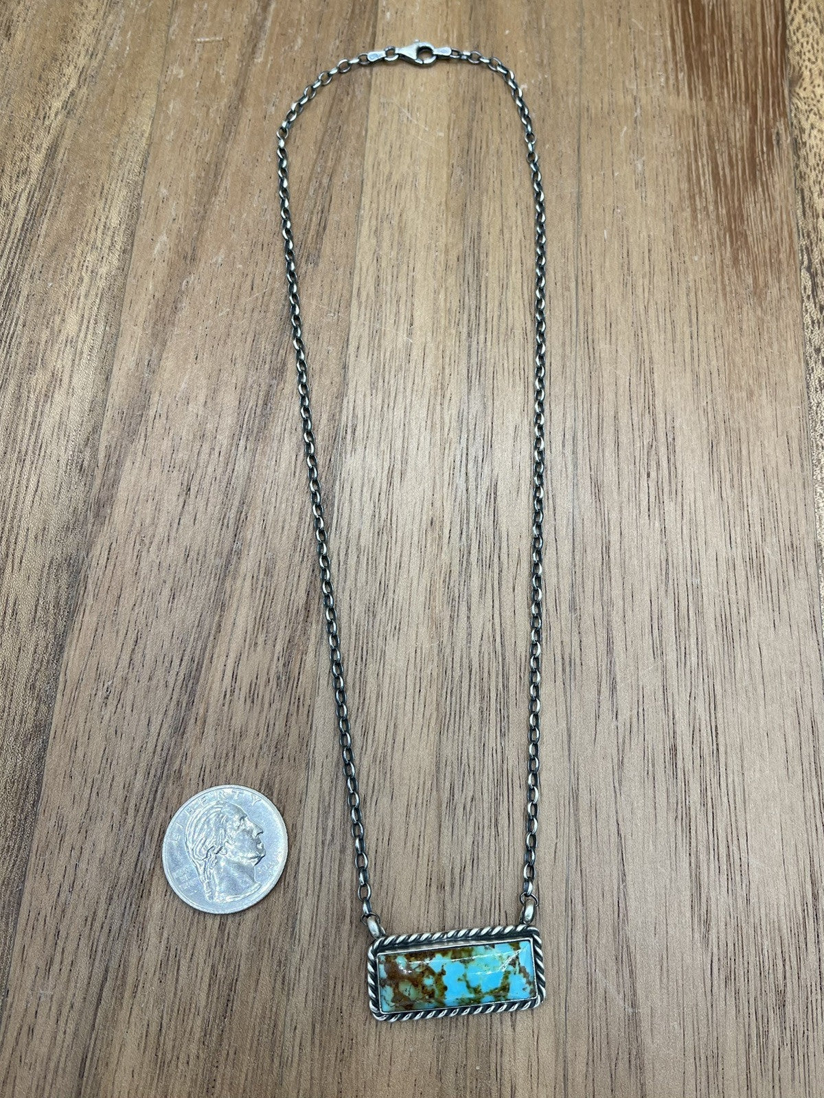 Navajo Handmade Sterling Silver #8 Turquoise Bar Necklace 18” by Augustine Largo