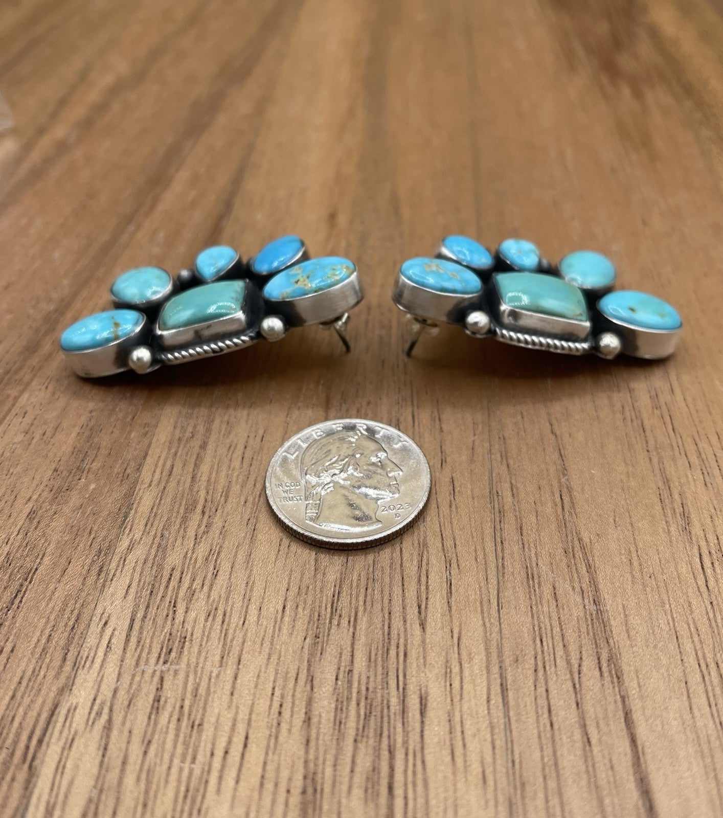 Navajo Handmade Sterling Silver Kingman Turquoise Half Cluster Earrings Tricia S