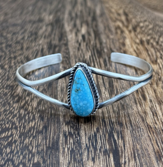 Navajo Handmade Sterling Silver Kingman Turquoise Stacker Old Look Bracelet