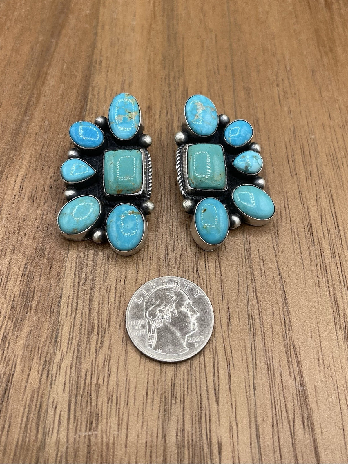 Navajo Handmade Sterling Silver Kingman Turquoise Half Cluster Earrings Tricia S