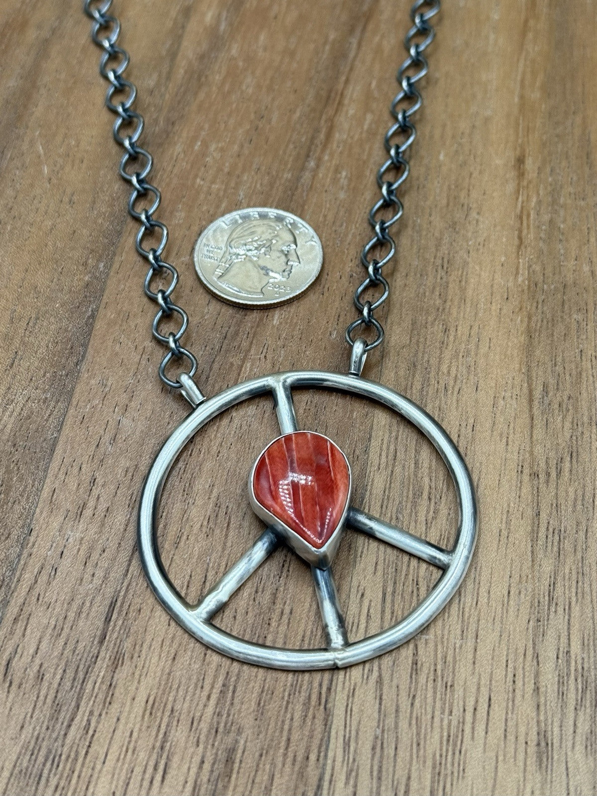Navajo handmade Sterling Silver Red Spiny Oyster Peace Hippie Necklace 18”