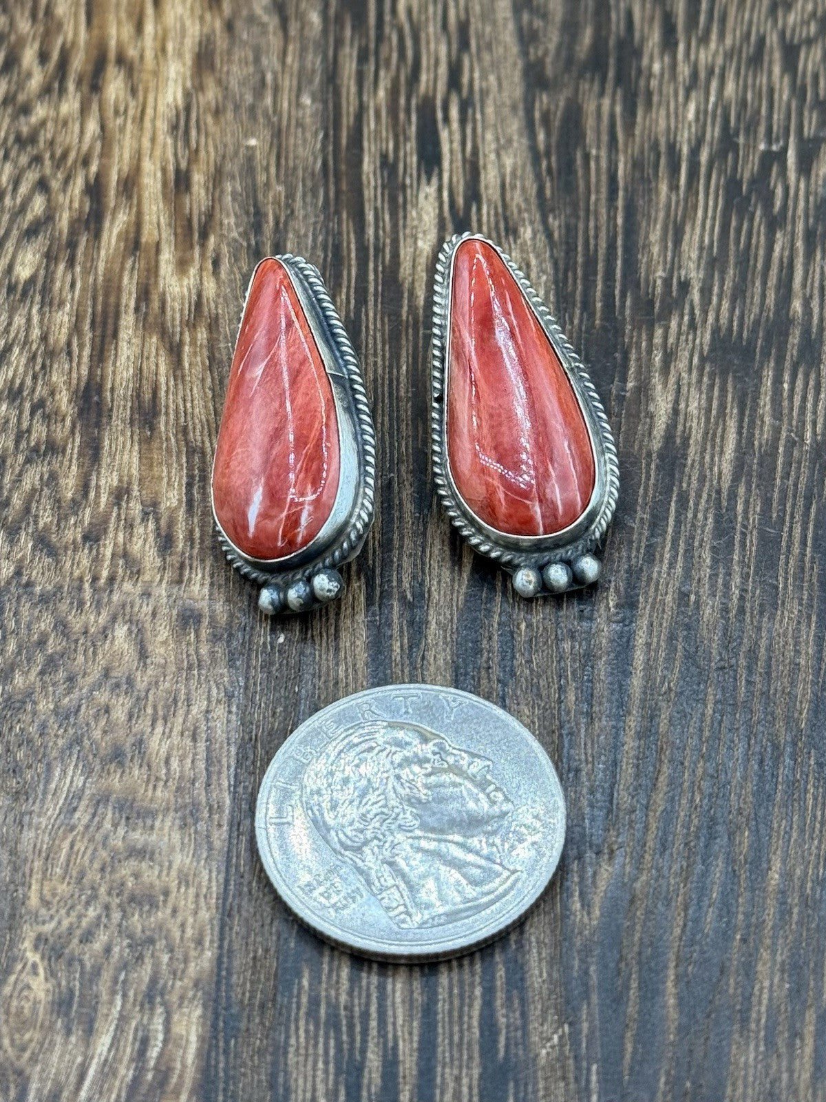 Navajo Handmade Sterling Silver Red Spiny Oyster Post Earrings By Byron Begay