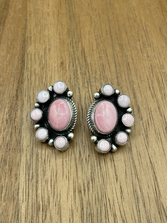 Navajo Handmade Sterling Silver Pink Conch Half Cluster Earrings By Tricia Smith