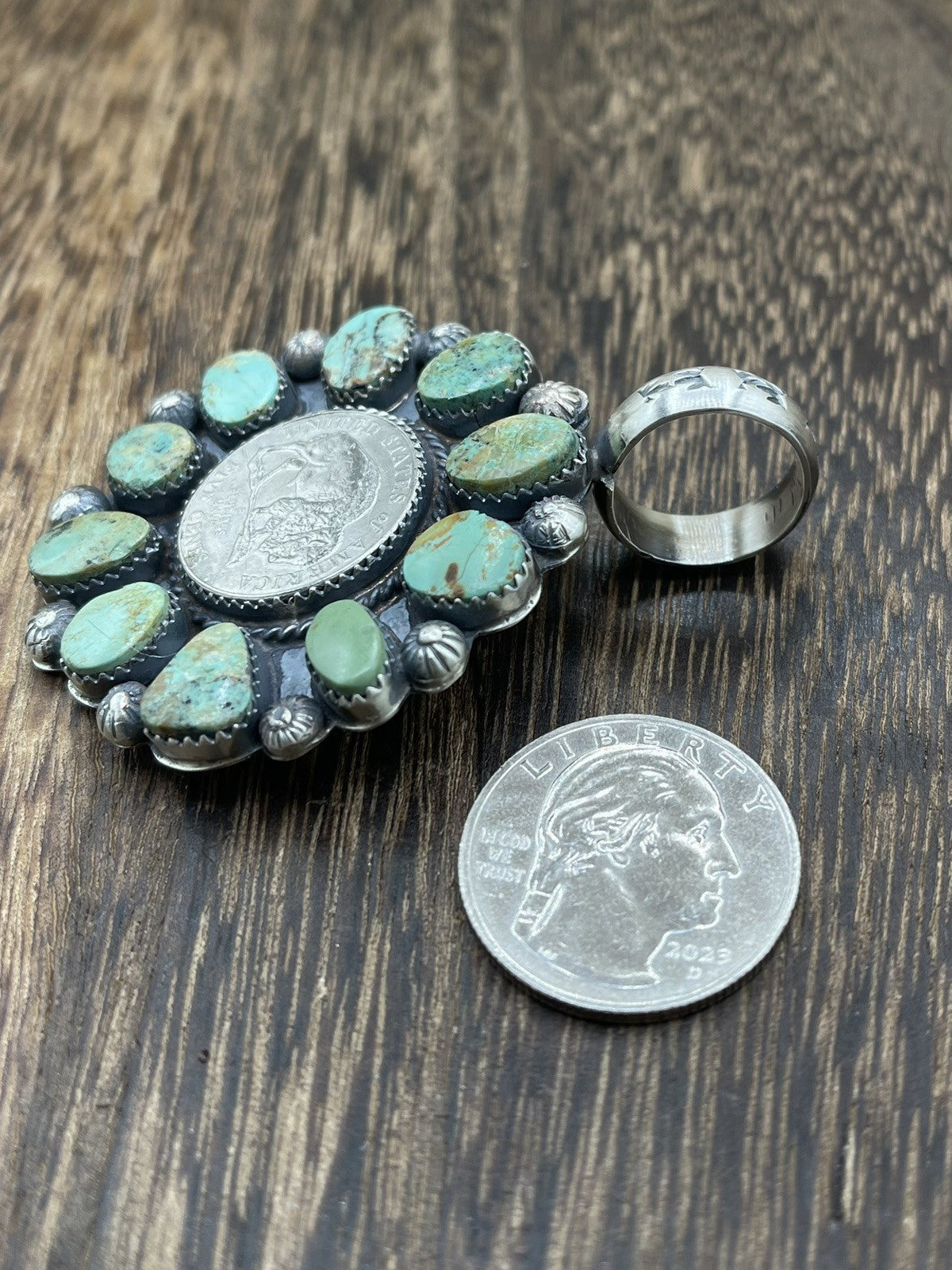 Navajo Handmade Sterling Silver Royston Turquoise Cluster Buffalo Coin Pendant