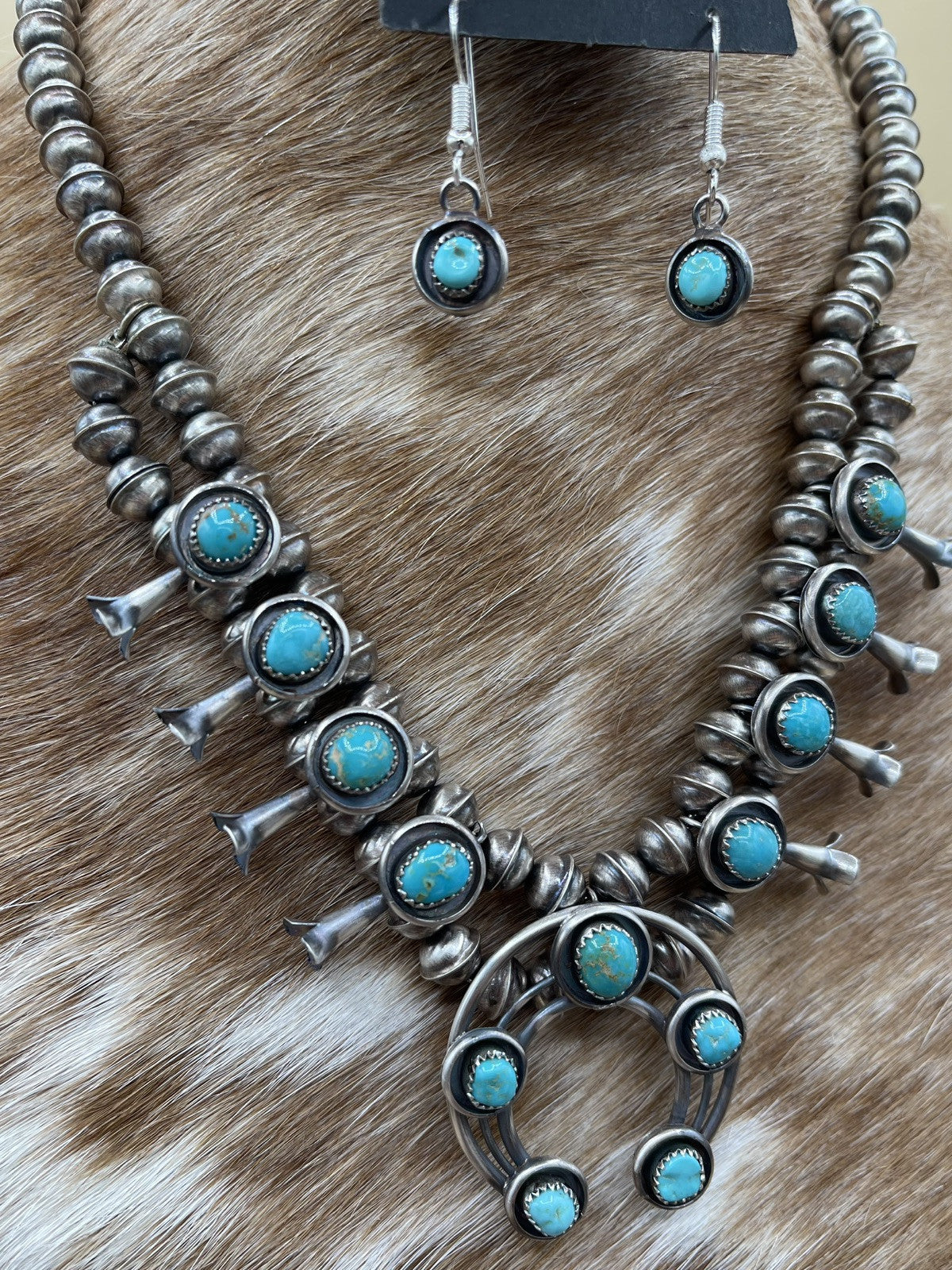 Navajo Handmade Sterling Silver Turquoise Shadowbox Squash Blossom Necklace 17”