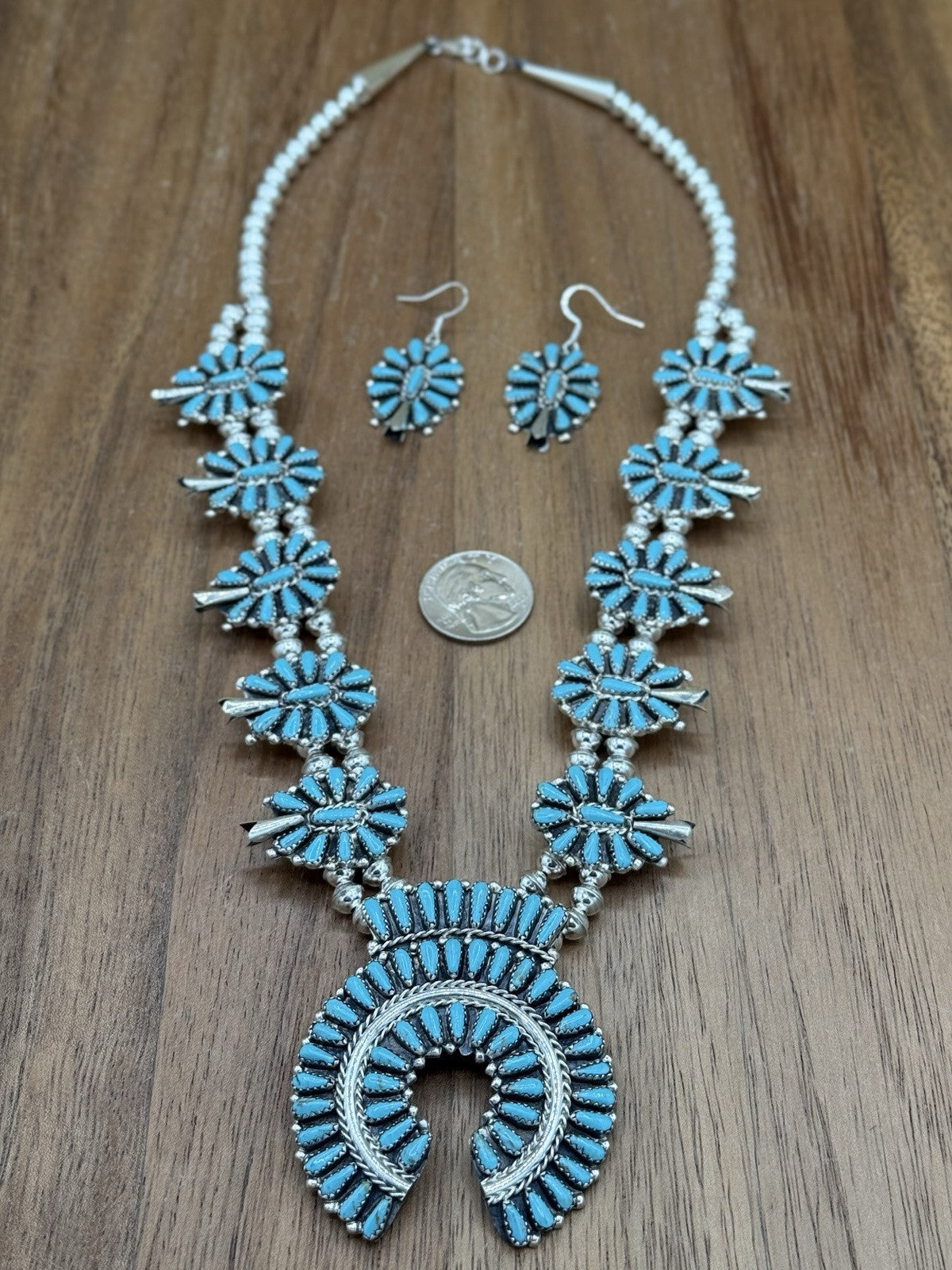 Navajo Handmade Sterling Silver Turquoise Squash Blossom Necklace 22” Mathilda B