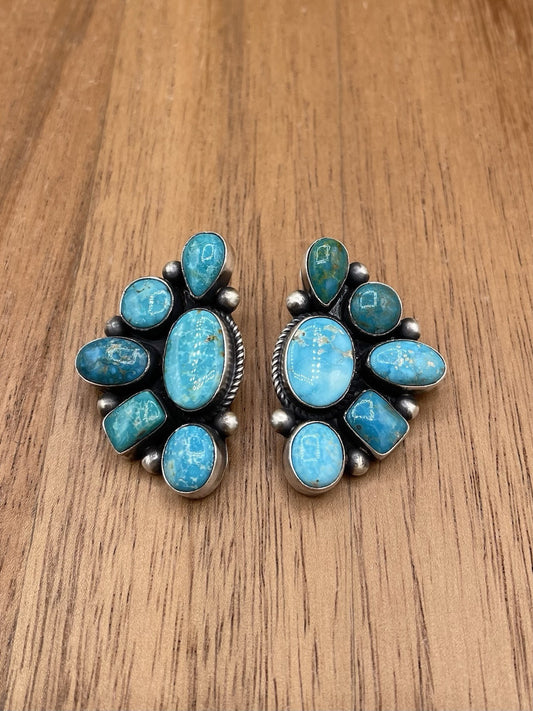 Navajo Handmade Sterling Silver Kingman Turquoise Half Cluster Earrings Tricia S