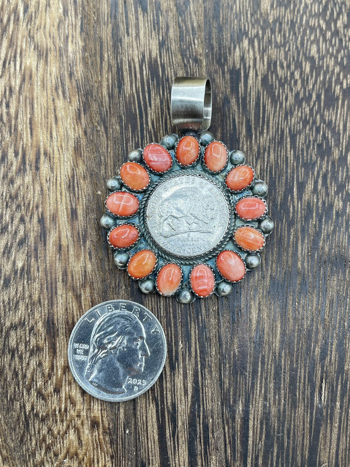 Navajo Handmade Sterling Silver Orange Spiny Oyster Cluster Buffalo Coin Pendant