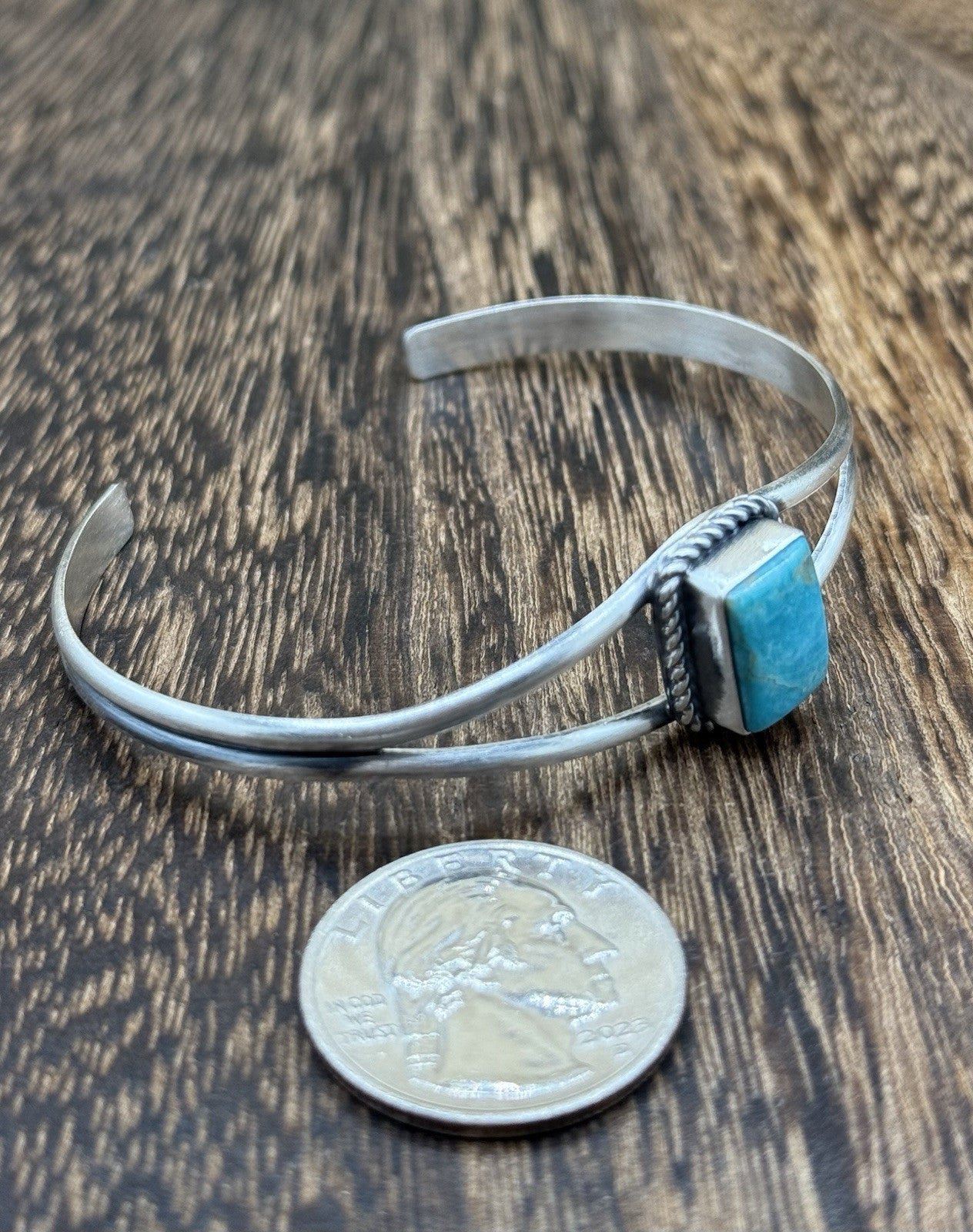 Navajo Handmade Sterling Silver Kingman Turquoise Stacker Old Look Bracelet