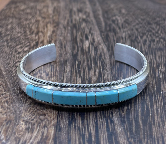 Navajo Handmade Sterling Silver Kingman Turquoise Inlay Bracelet Francis Yazzie