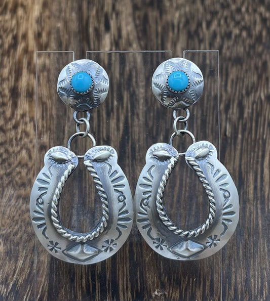 Navajo Handmade Sterling Silver Kingman Turquoise Old Look Horse Shoe Earrings