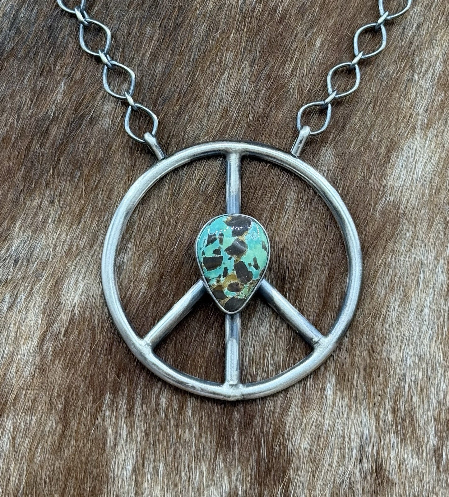 Navajo handmade Sterling Silver Kingman Turquoise Peace Hippie Necklace 18”