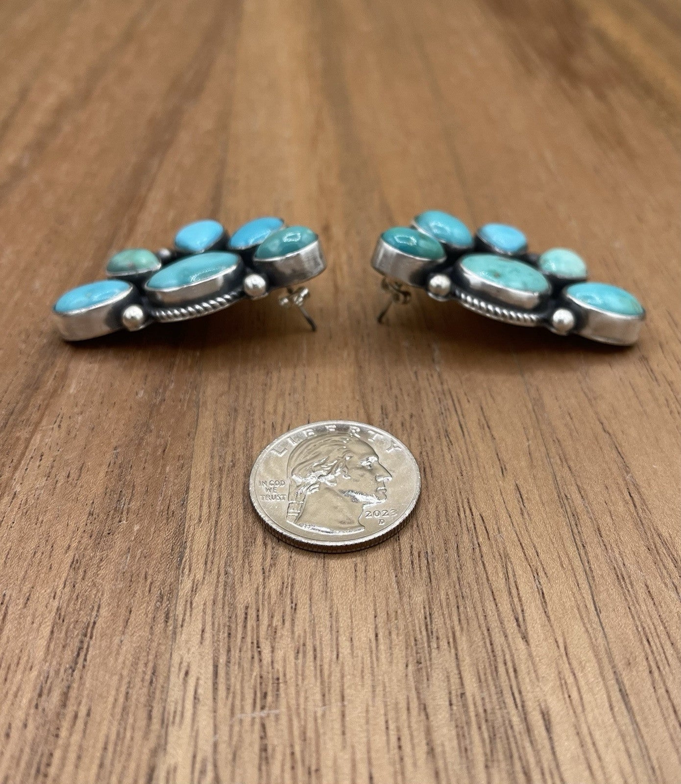 Navajo Handmade Sterling Silver Kingman Turquoise Half Cluster Earrings Tricia S