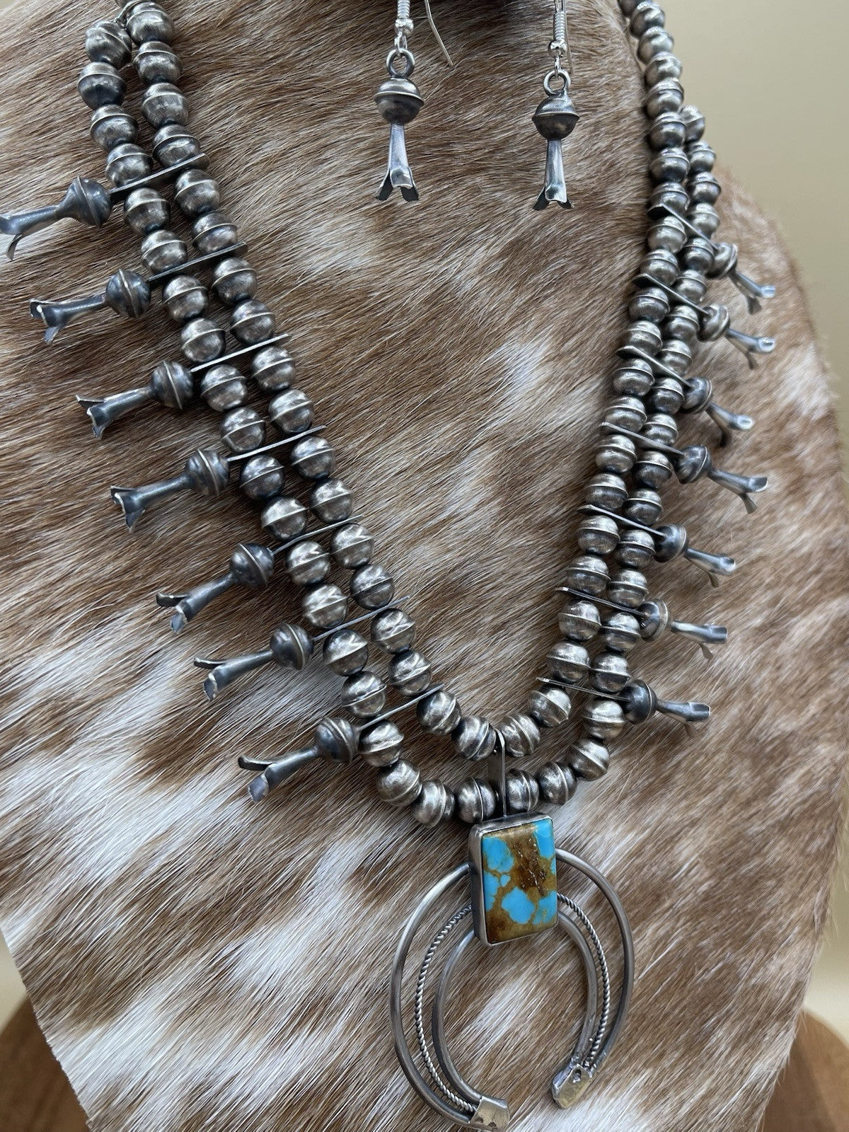 Native American Navajo Handmade Silver Royston Turquoise Squash Blossom Set 18”