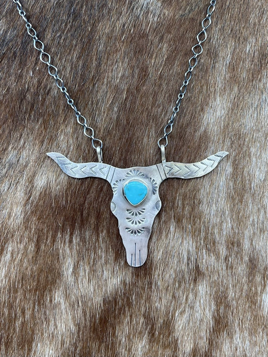 Navajo Handmade Sterling Silver Kingman Turquoise Longhorn Necklace By Betta Lee