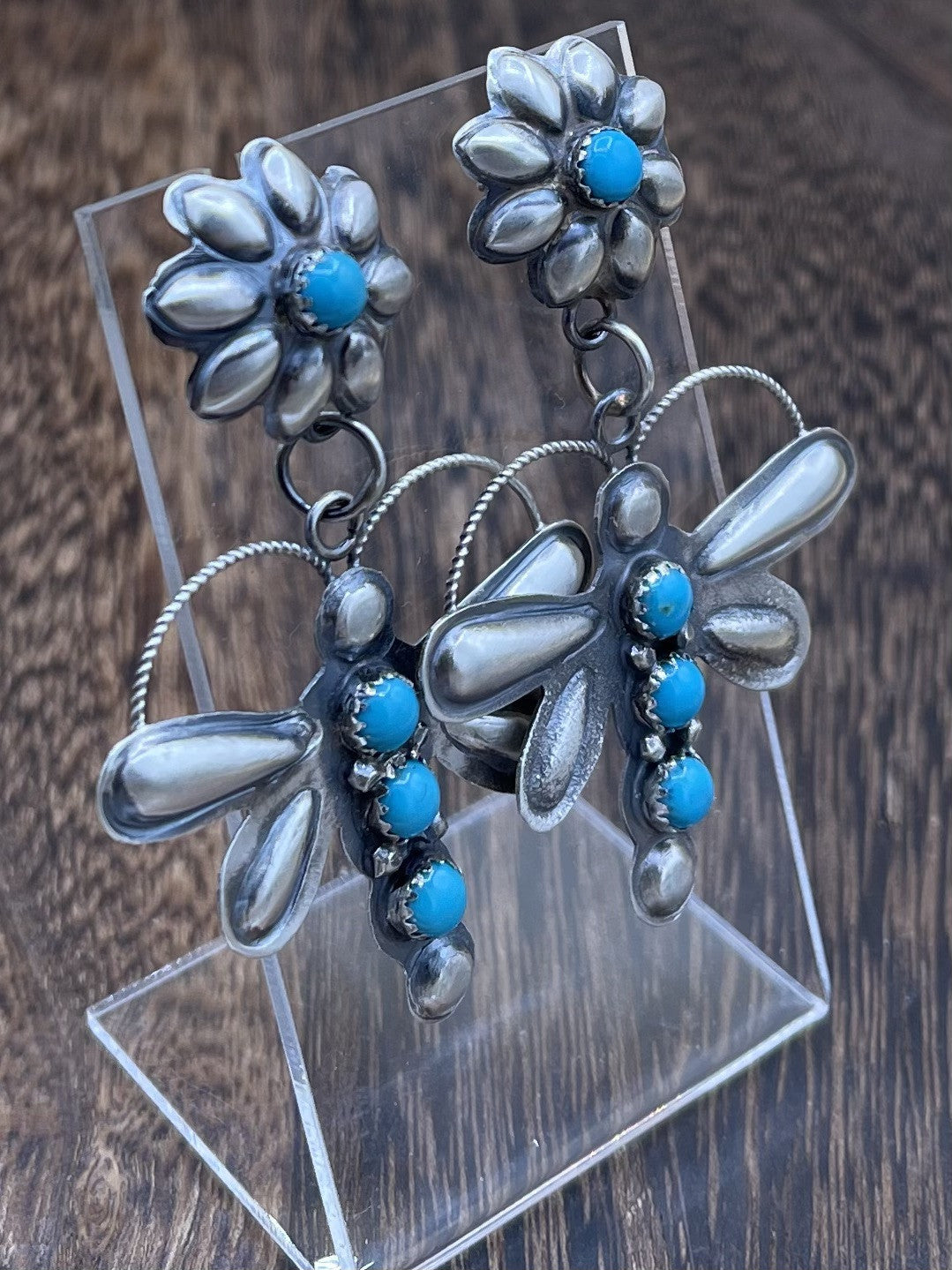 Navajo Handmade Sterling Silver Kingman Turquoise Dragonfly Post Dangle Earrings