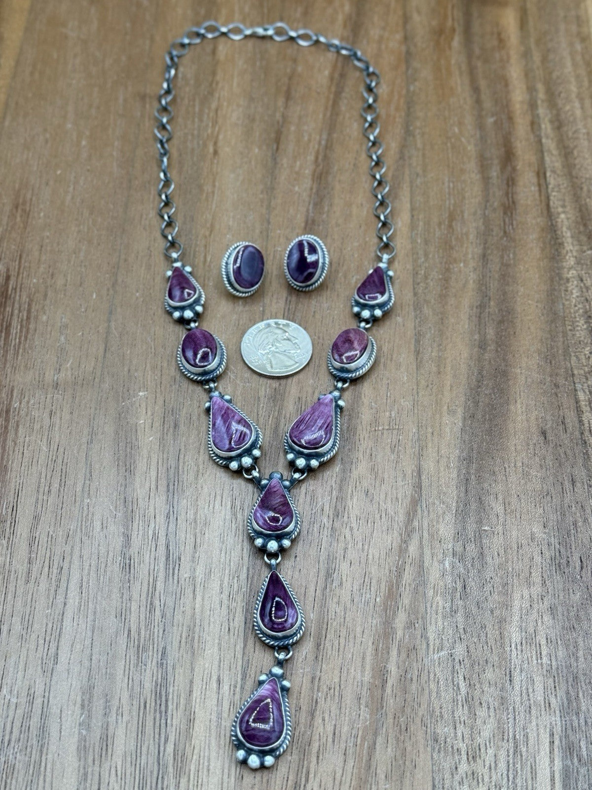 Navajo Handmade Sterling Silver Purple Spiny Oyster Lariat Necklace Set 20”