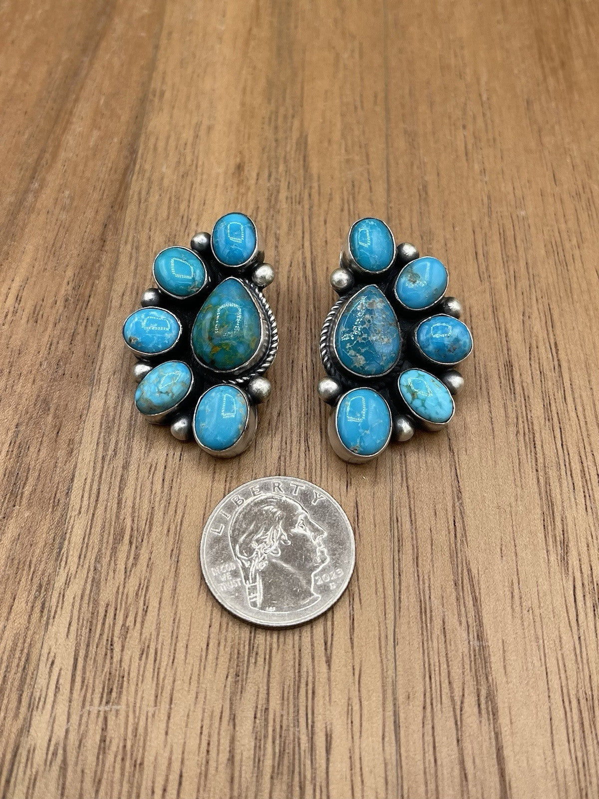 Navajo Handmade Sterling Silver Kingman Turquoise Half Cluster Earrings Tricia S