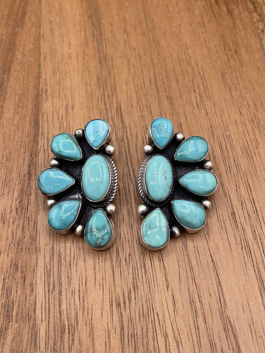 Navajo Handmade Sterling Silver Kingman Turquoise Half Cluster Earrings Tricia S