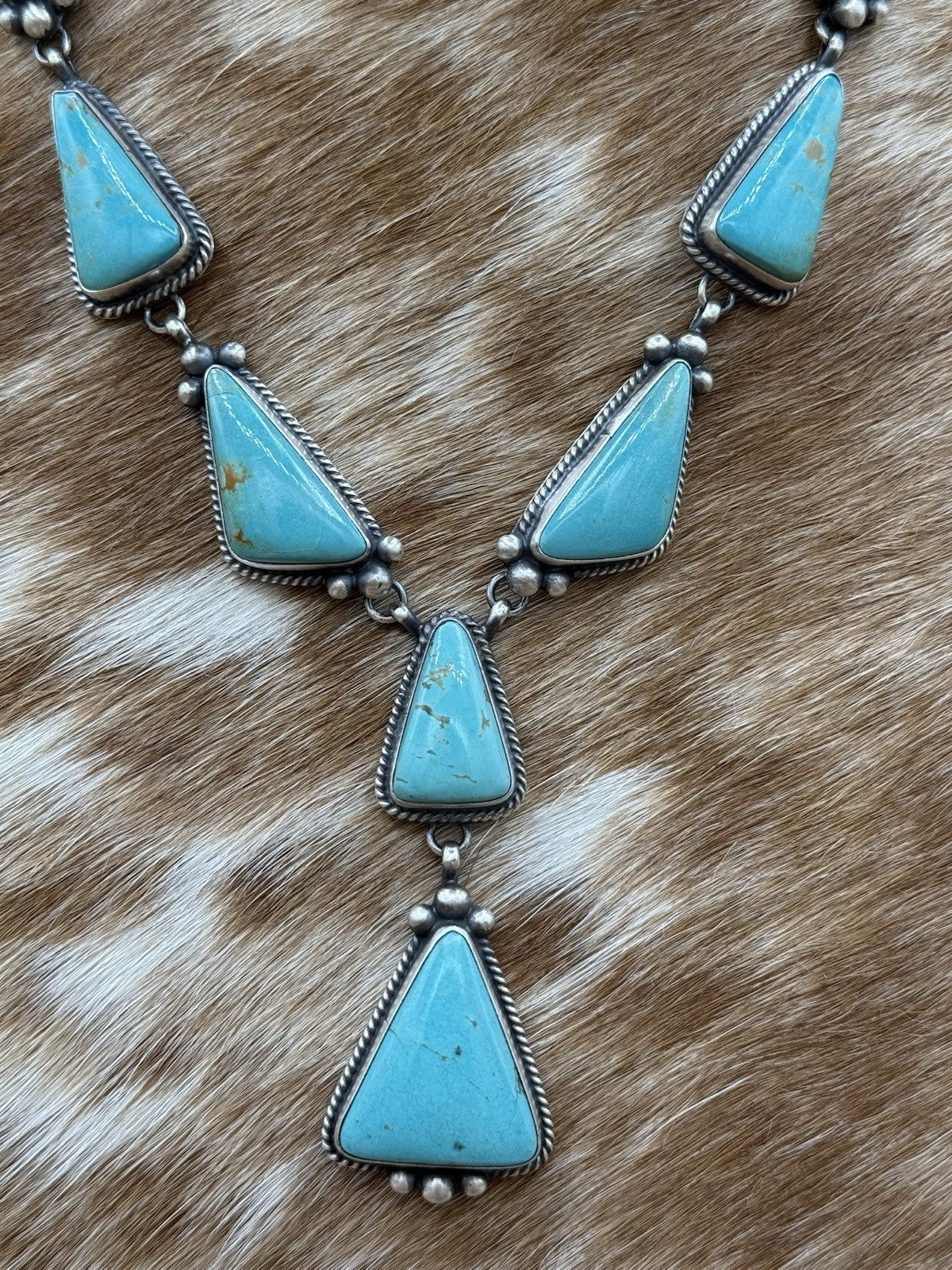 Navajo Handmade Sterling Silver Blue Glacier Turquoise Lariat Necklace Set 20”