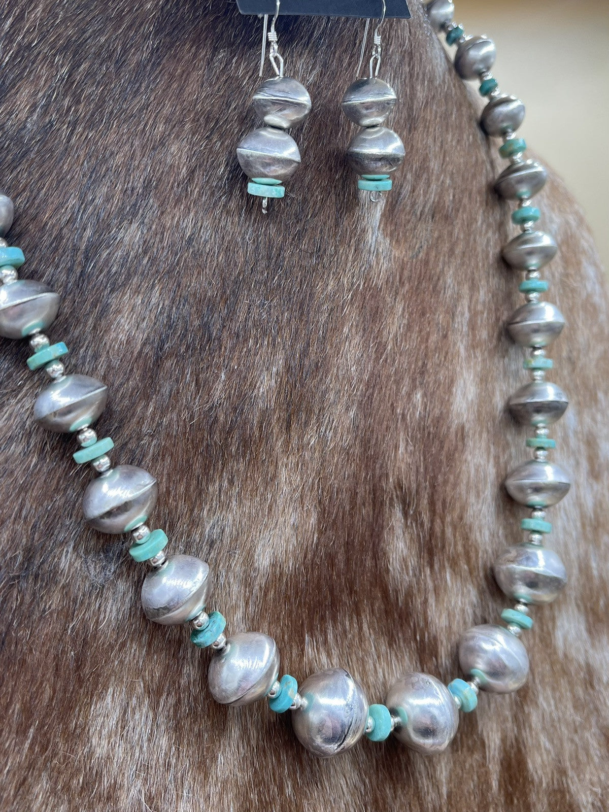 Authentic Native American Navajo Handmade Silver Turquoise Pearl Beads Set