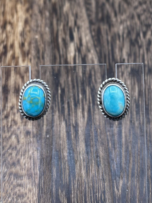 Navajo Handmade Sterling Silver Kingman Turquoise Post Stud Earrings Byron Begay