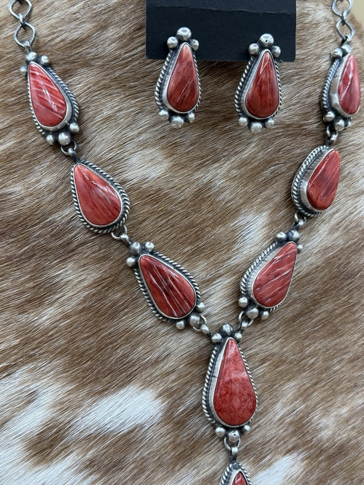 Navajo Handmade Sterling Silver Red Spiny Oyster Shell Lariat Necklace Set 20”