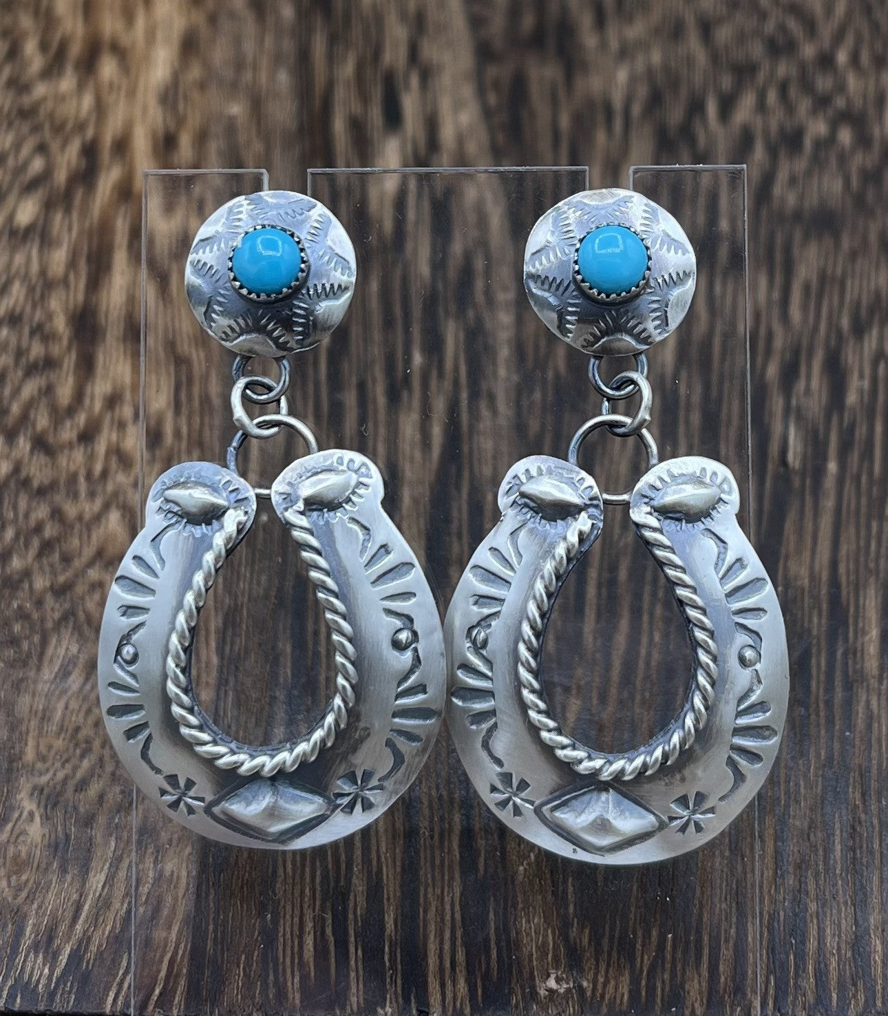 Navajo Handmade Sterling Silver Kingman Turquoise Old Look Horse Shoe Earrings