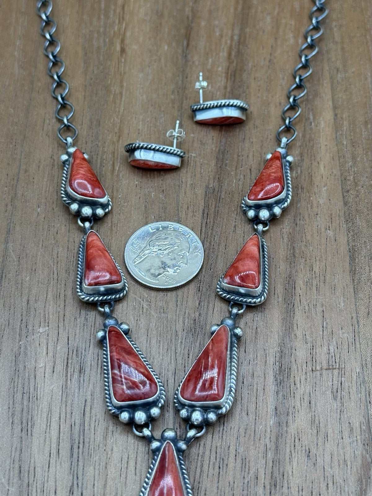 Navajo Handmade Sterling Silver Red Spiny Oyster Shell Lariat Necklace Set 20”