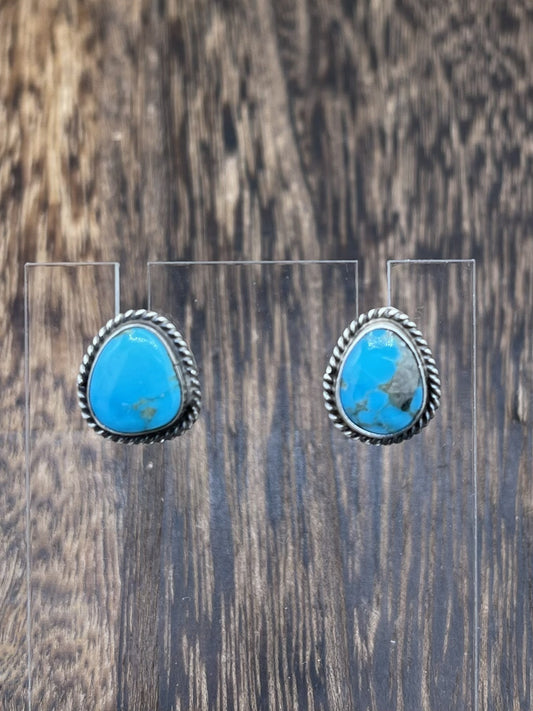 Navajo Handmade Sterling Silver Kingman Turquoise Post Stud Earrings Byron Begay