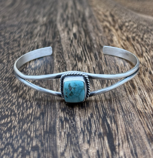 Navajo Handmade Sterling Silver Kingman Turquoise Stacker Old Look Bracelet