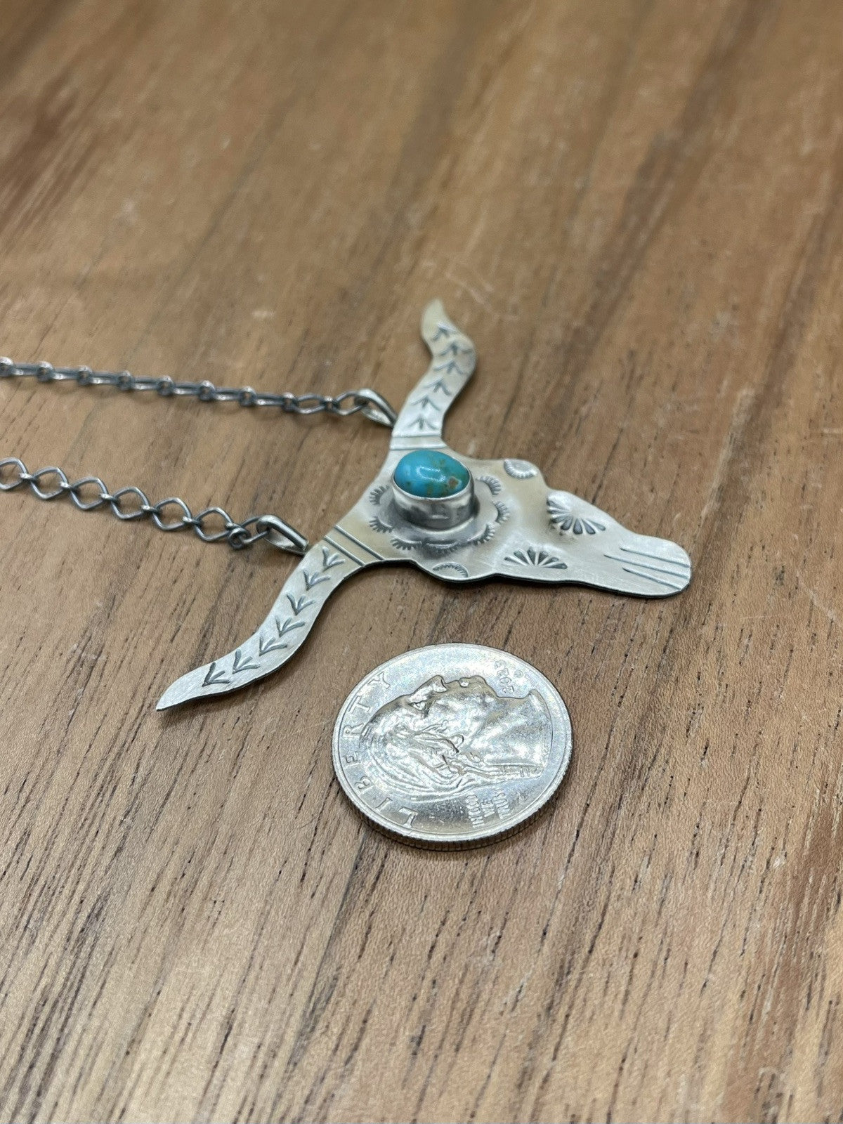 Navajo Handmade Sterling Silver Kingman Turquoise Longhorn Necklace By Betta Lee