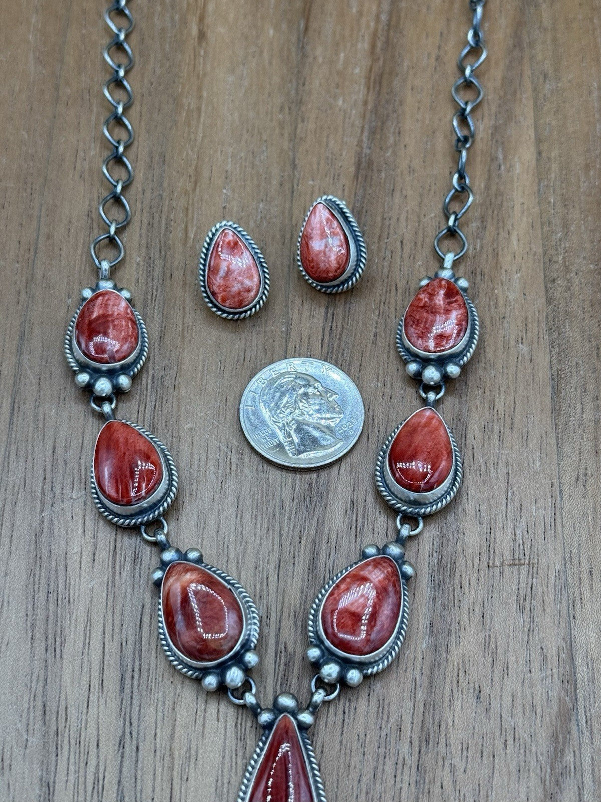 Navajo Handmade Sterling Silver Red Spiny Oyster Shell Lariat Necklace Set 20”