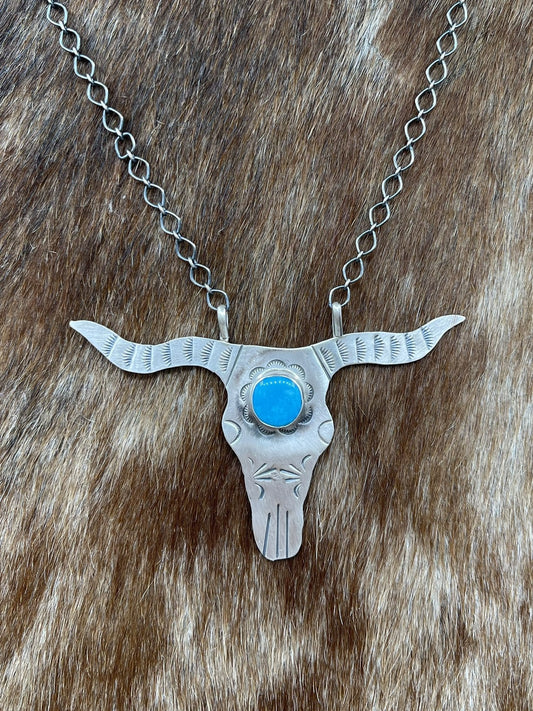 Navajo Handmade Sterling Silver Kingman Turquoise Longhorn Necklace By Betta Lee