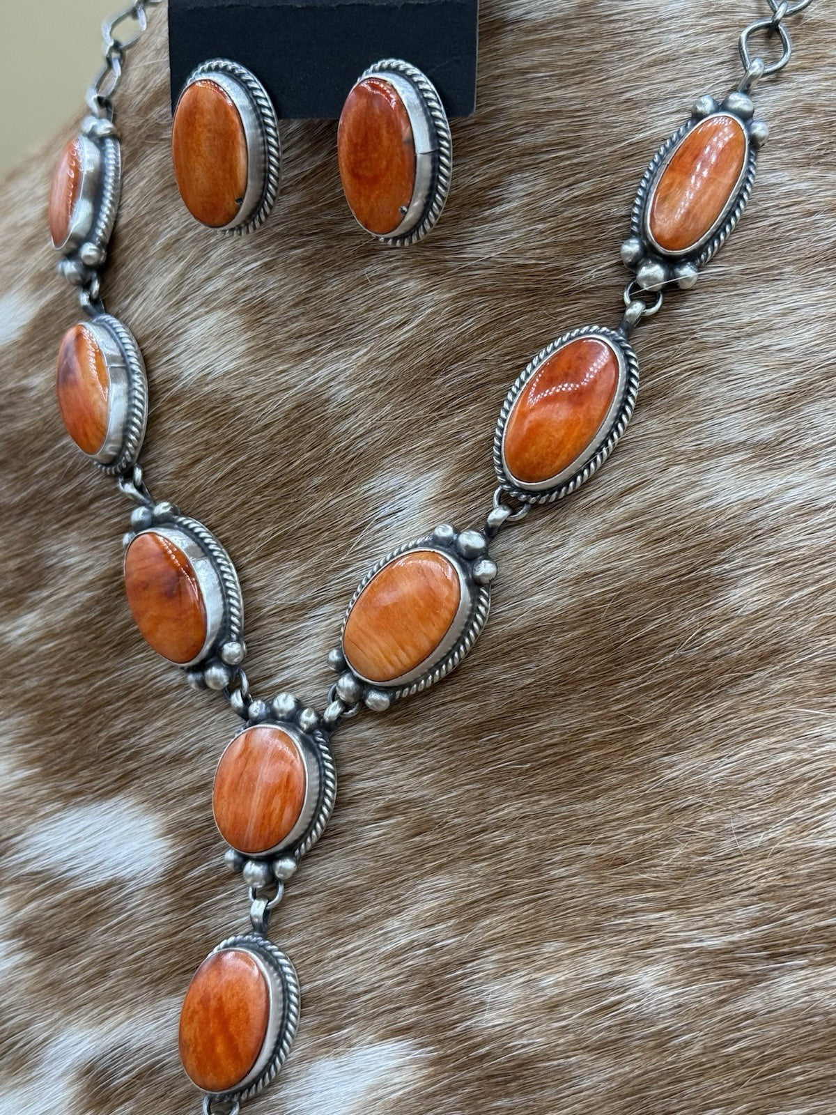 Navajo Handmade Sterling Silver Orange Spiny Oyster Lariat Necklace Set 20”