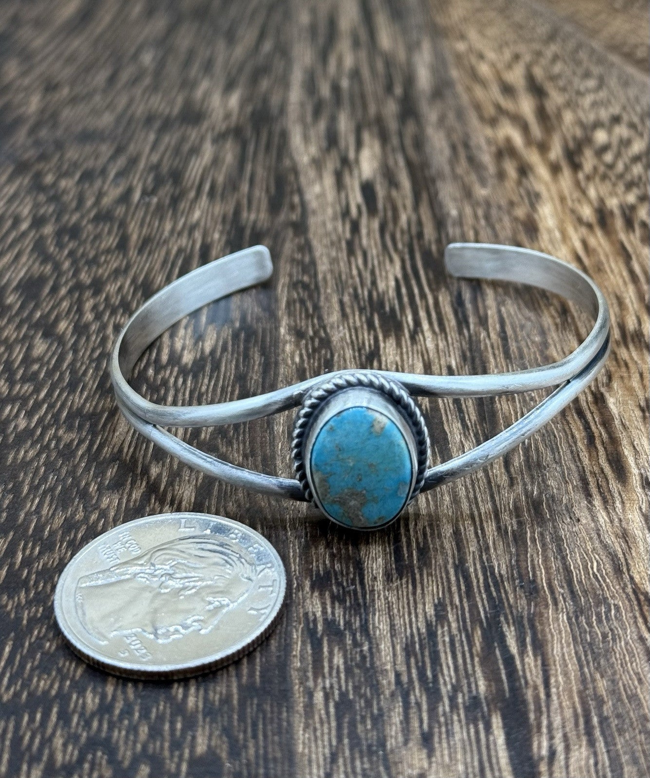 Navajo Handmade Sterling Silver Kingman Turquoise Stacker Old Look Bracelet