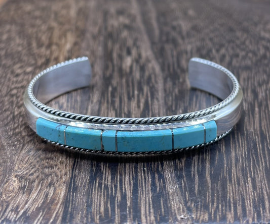 Navajo Handmade Sterling Silver Kingman Turquoise Inlay Bracelet Francis Yazzie