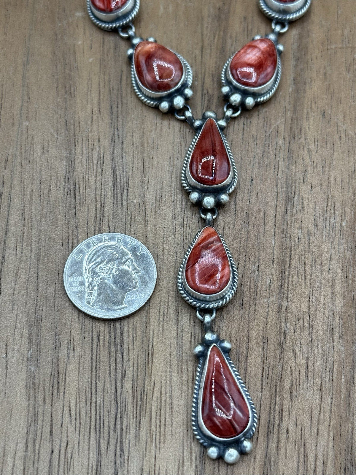 Navajo Handmade Sterling Silver Red Spiny Oyster Shell Lariat Necklace Set 20”