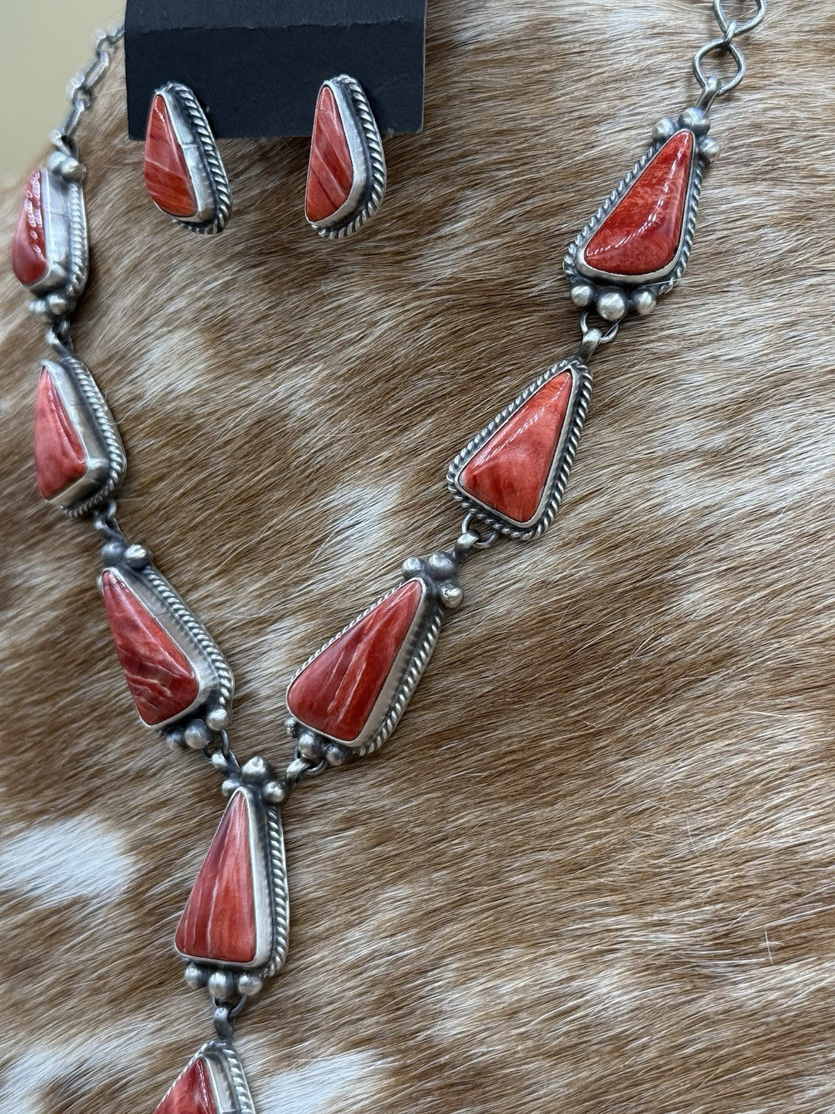 Navajo Handmade Sterling Silver Red Spiny Oyster Shell Lariat Necklace Set 20”