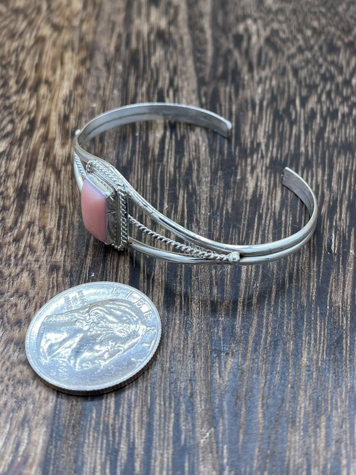 Navajo Handmade Sterling Silver Pink Conch Rectangular Bracelet By Peggy Skeets