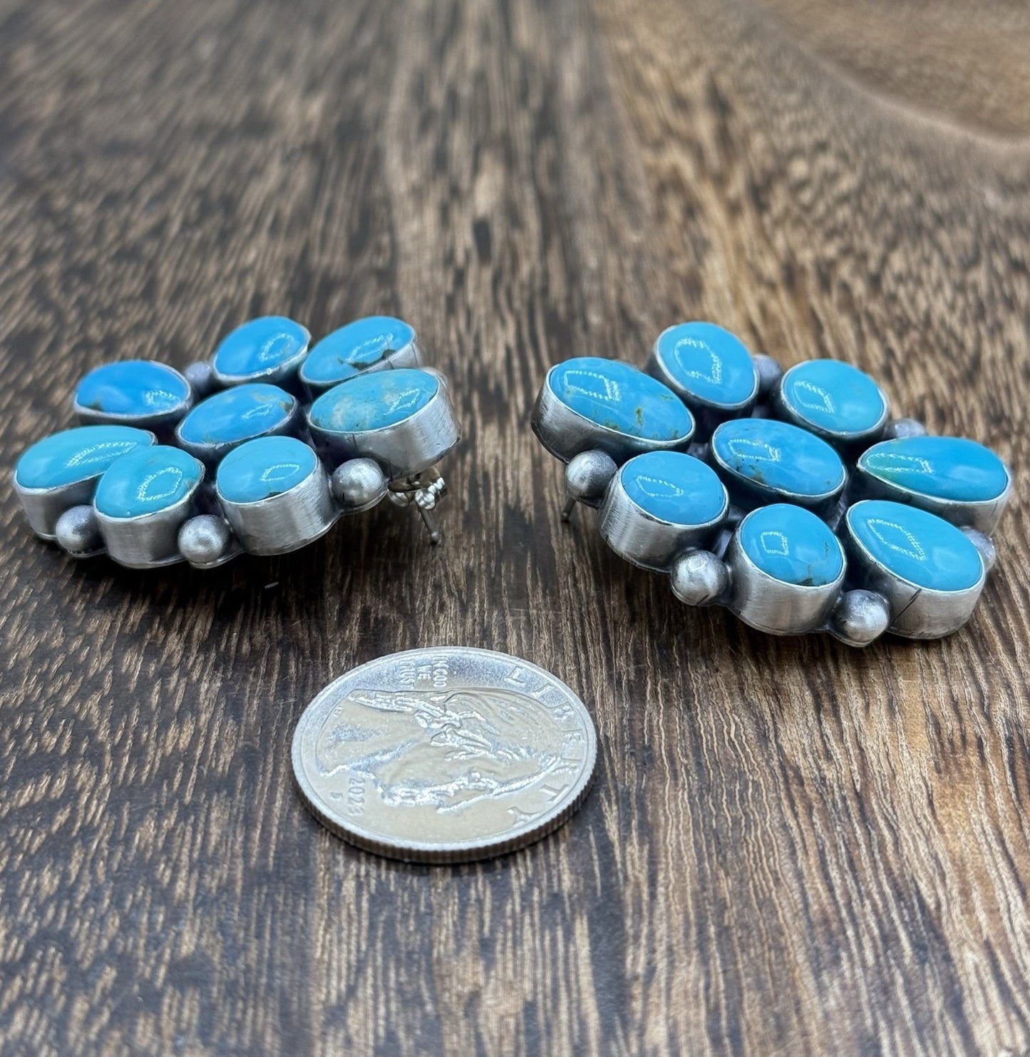 Navajo Handmade Sterling Silver Kingman Turquoise Cluster Earrings Tricia Smith