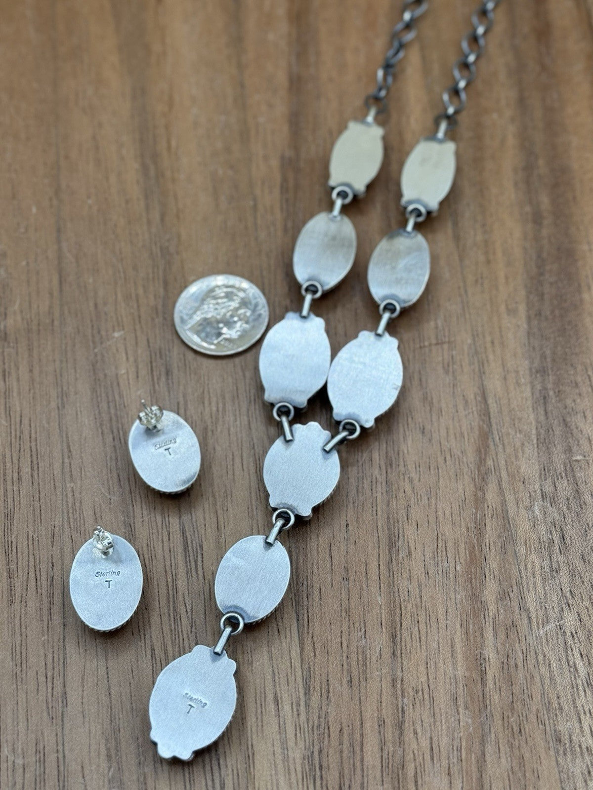 Navajo Handmade Sterling Silver Orange Spiny Oyster Lariat Necklace Set 20”
