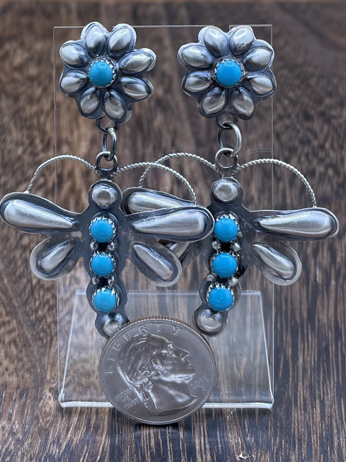 Navajo Handmade Sterling Silver Kingman Turquoise Dragonfly Post Dangle Earrings