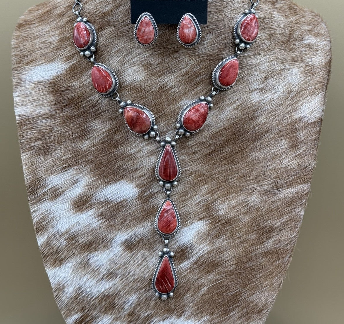 Navajo Handmade Sterling Silver Red Spiny Oyster Shell Lariat Necklace Set 20”