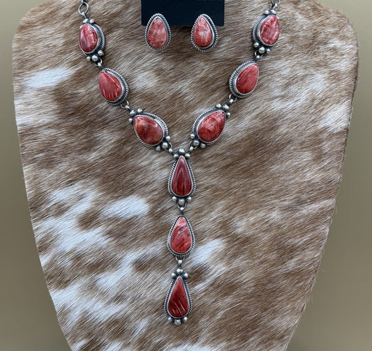 Navajo Handmade Sterling Silver Red Spiny Oyster Shell Lariat Necklace Set 20”